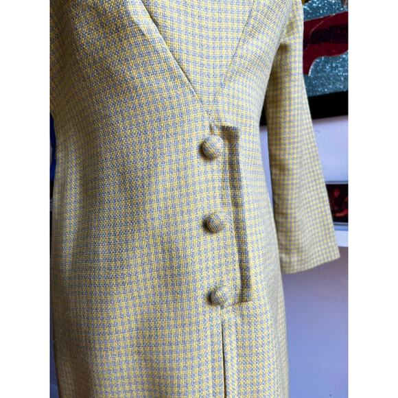 Vintage 60s Yellow Micro Plaid Dress | Mad Men Sheath Tweed Knit | Size S/M - Picture 4 of 10